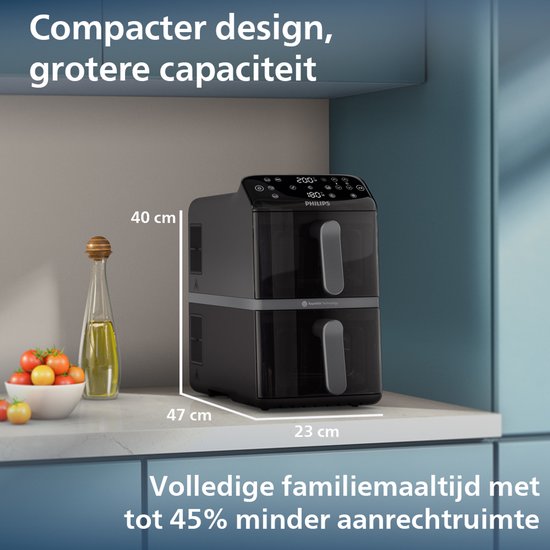 Philips Dual-Stacked Dubbele Airfryer 4000 Series – NA460/00 - PFAS Vrij - 2 Lades (Sync) – 10 L – Tot 6 Personen – Bespaart 45% Ruimte