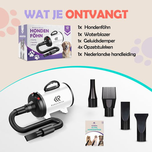 RobustRise Ultra Hondenfohn - 3800W - Wit - extra krachtig - Verstelbaar Vermogen - Waterblazer voor Honden - Hondenfohn met 4 Opzetstukken - Stil Design met geluidsdemper
