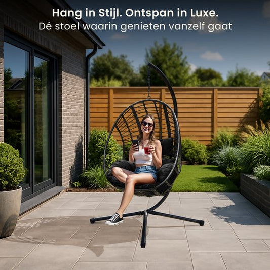 Swoods XXL Egg Hangstoel – Hangstoel met standaard – Egg Chair – tot 150kg - Zwart