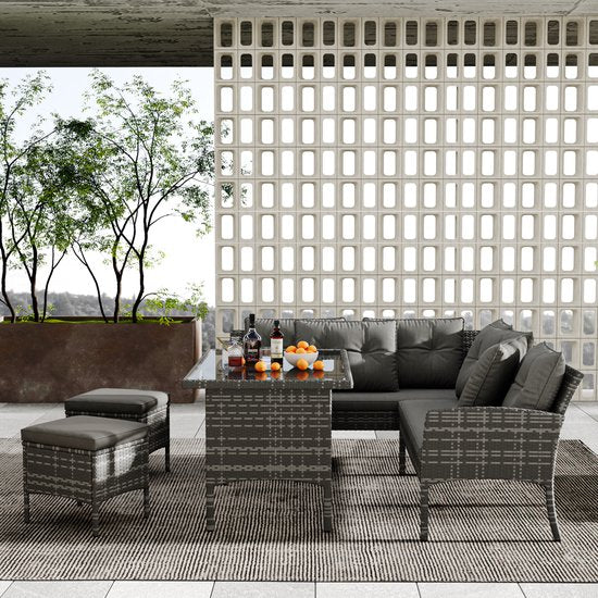 Poly rotan zitgroep eettafel lounge tuinmeubelen - zitsets tuinset - tuinlounge voor 7 personen - grijs