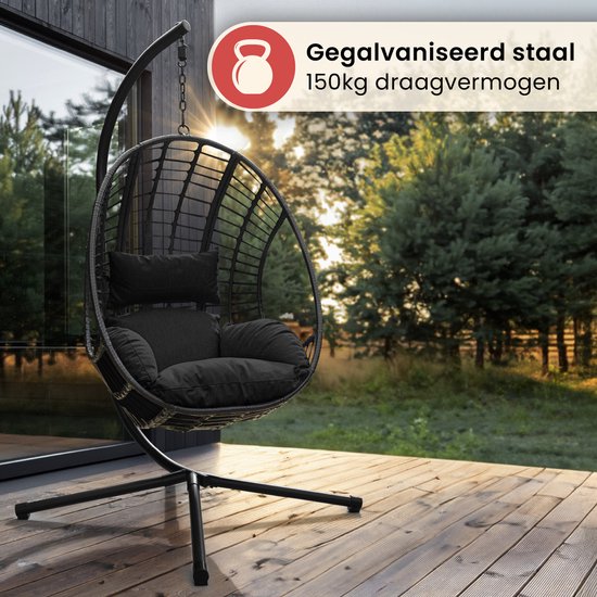 Swoods XXL Egg Hangstoel – Hangstoel met standaard – Egg Chair – tot 150kg - Zwart