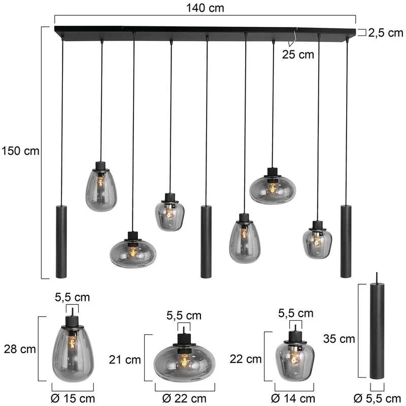 Curtis 6+3 lichts Hanglamp Smoke