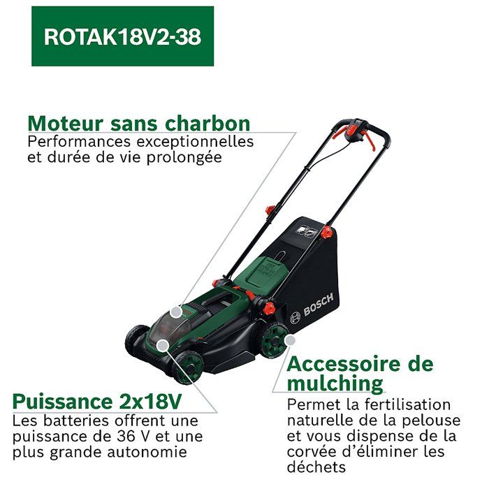 Tondeuse Bosch ROTAK18V2-38 – 2 batteries 4 Ah et chargeur – photo 7