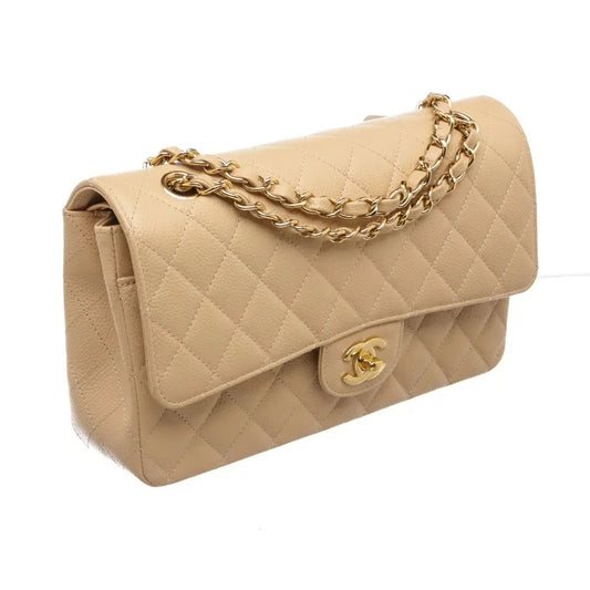 Chanel Classic Flap 11.12 tas van beige Caviar-leer met gouden details, 25,5 cm