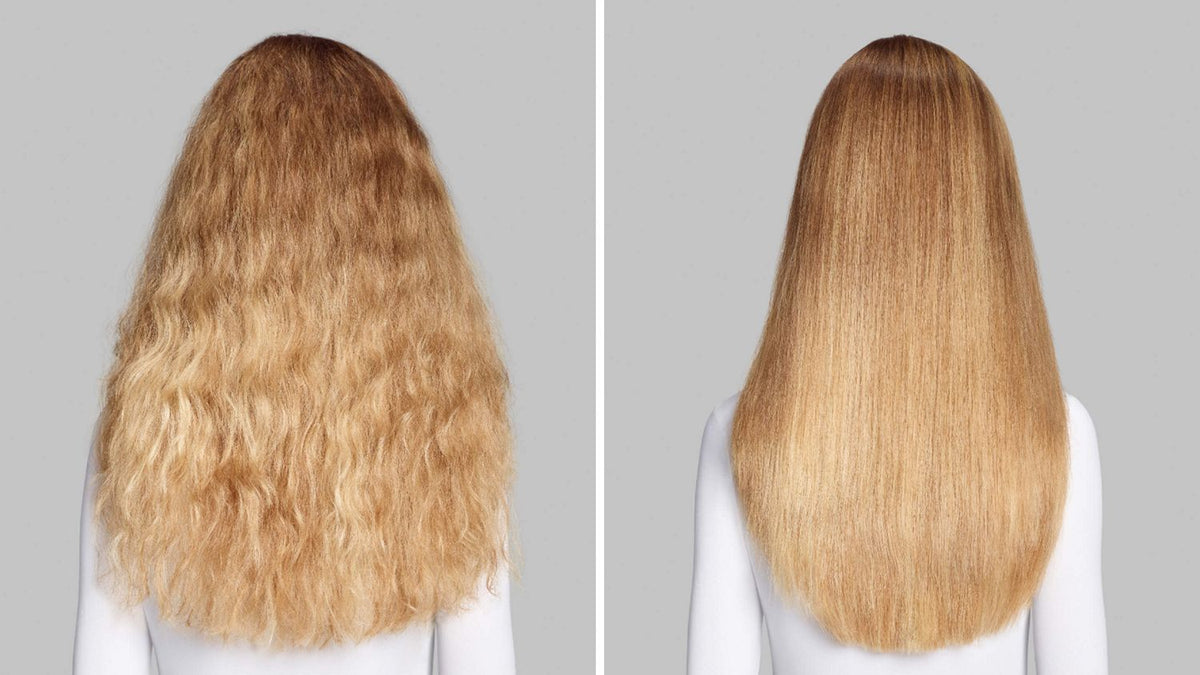 Before and after of naturally wavy blonde hair straightened and smoothed with the Dyson Airwrap Co-anda2x multi-styler.