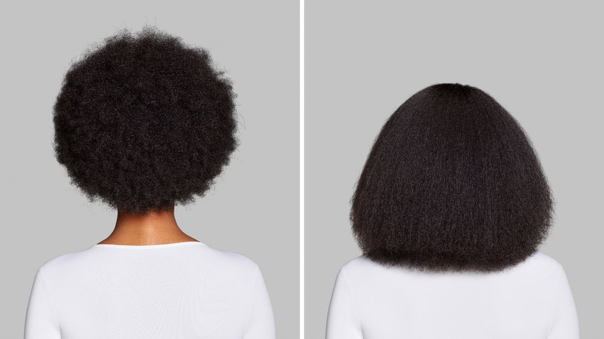 Before and after of naturally coily hair styled with the Dyson Airwrap Co-anda2x multi-styler.