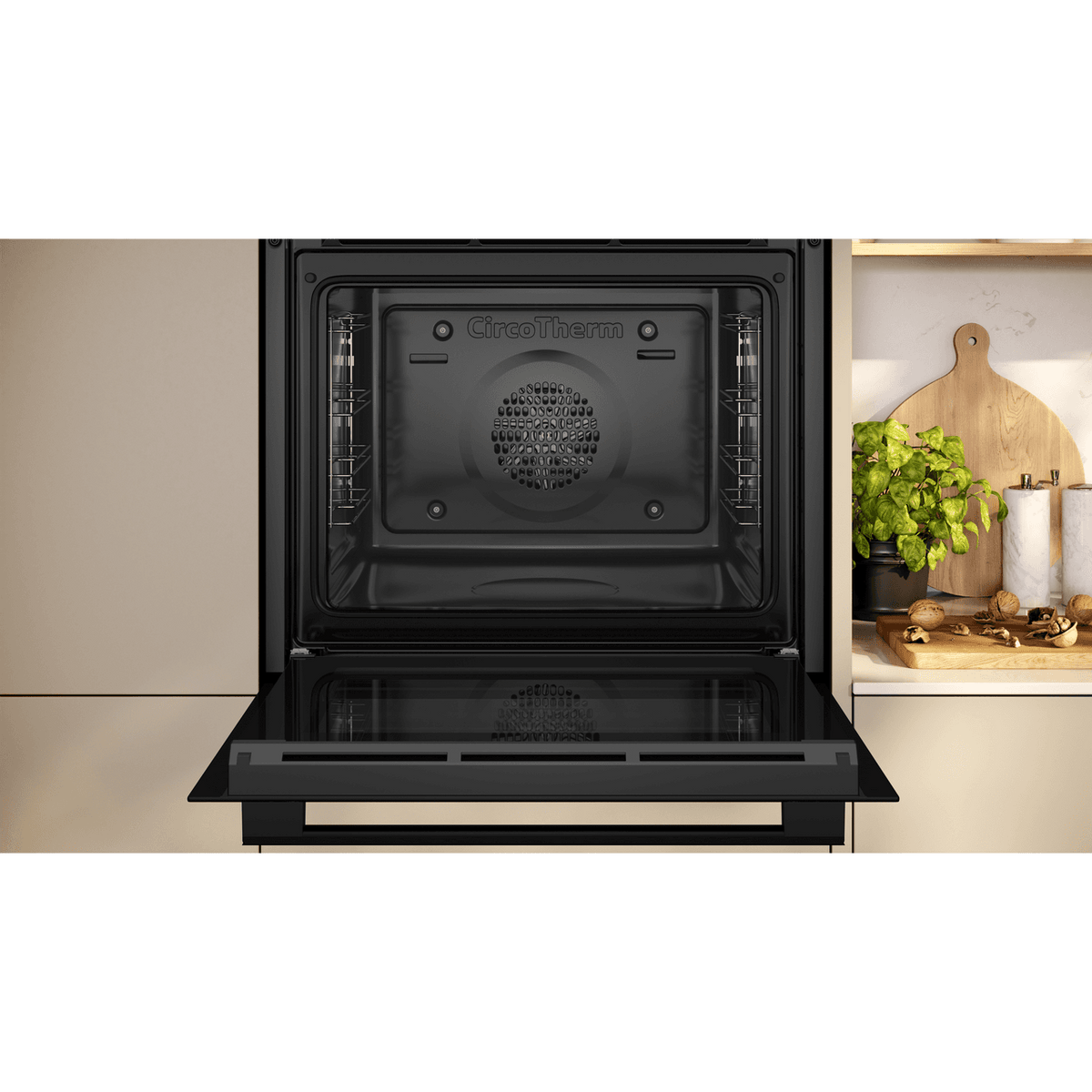 NEFF, N30, B1DCC0AK3B, Built-in Single Oven with Circo Therm®, Energy Efficiency Class A+ and LED-Display in Black - Door open