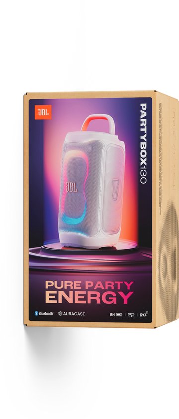 JBL PartyBox 130 - NIEUW - Draadloze Bluetooth Party Speaker - Opvouwbare Handgreep - Spatwaterdicht - LED verlichting - 15 uur - Wit