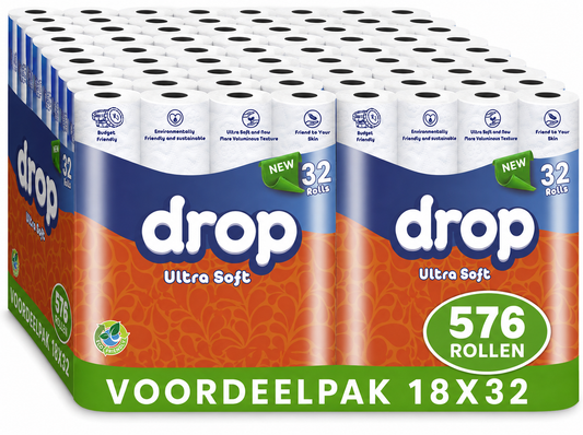 DROP - Ultra Soft - 18x32 rollen toiletpapier - 576 Rollen - Ultiem comfort WC Papier, Superieure sterkte, Maximale absorptie & Pluisvrij - Voordeelverpakking WC Papier