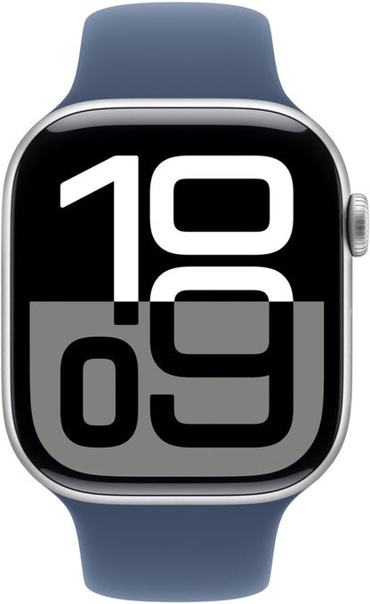 Apple Watch Series 10 - Wifi - 46mm - Zilverkleurig Aluminium Case met Denim Sportbandje - M/L