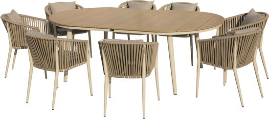 AXI Chay Tuinset met 8 stoelen Houtlook/beige – Gepoedercoat aluminium frame – 8 Personen - Diningset met kussens voor balkon, tuin en terras - Weerbestendig