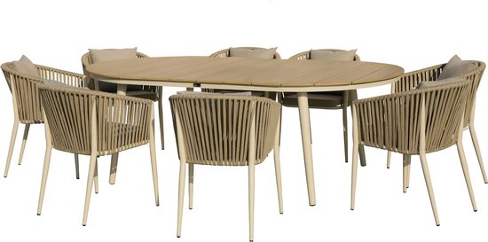 AXI Chay Tuinset met 8 stoelen Houtlook/beige – Gepoedercoat aluminium frame – 8 Personen - Diningset met kussens voor balkon, tuin en terras - Weerbestendig