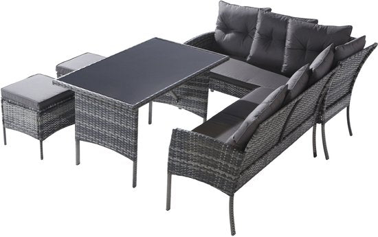 Poly rotan zitgroep eettafel lounge tuinmeubelen - zitsets tuinset - tuinlounge voor 7 personen - grijs