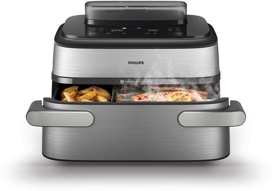 Philips Airfryer Megabasket Met Stoomfunctie 5000-serie – NA565/02 – PFAS vrij - Enkele mand óf Dubbele Mand - SteamClean – 9,5L – Tot 8 Personen – Inclusief Tang