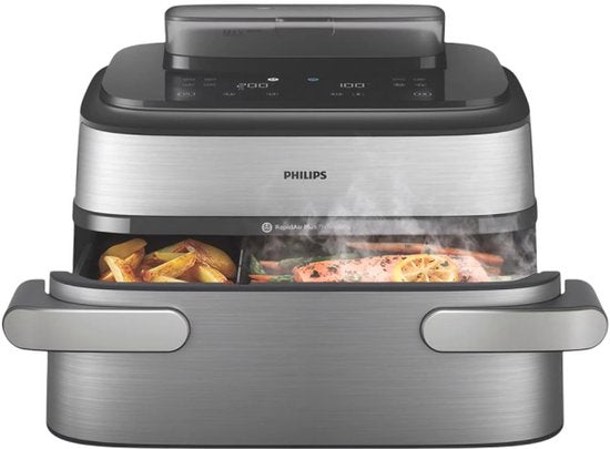 Philips Airfryer Megabasket Met Stoomfunctie 5000-serie – NA565/02 – PFAS vrij - Enkele mand óf Dubbele Mand - SteamClean – 9,5L – Tot 8 Personen – Inclusief Tang