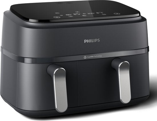 Philips 3000 Series Dual Airfryer - NA351/00 - Dubbele Mand - 9L - Tot 6 Personen - Zwart/Zilver