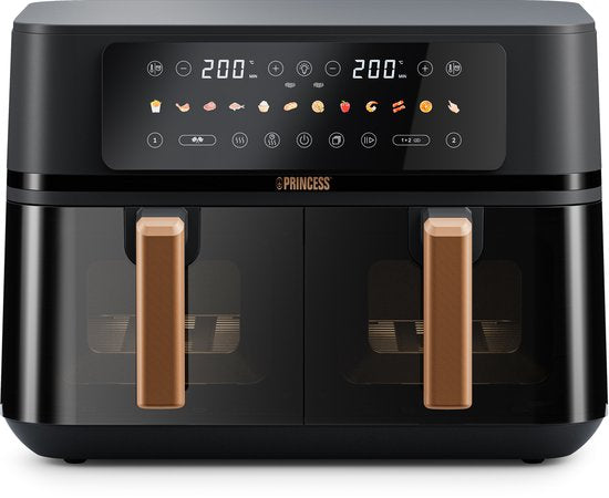 Princess 182272 Dubbele Airfryer - 2x 4.5L - 9 liter - 2 manden - XXL - Touchscreen - Kijkvenster - 12 programma's - 3100W