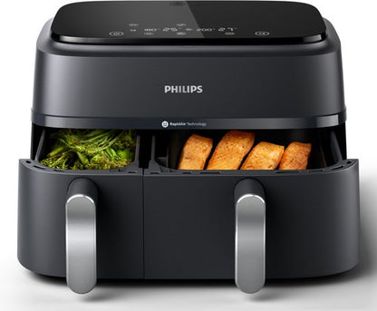 Philips 3000 Series Dual Airfryer - NA351/00 - Dubbele Mand - 9L - Tot 6 Personen - Zwart/Zilver