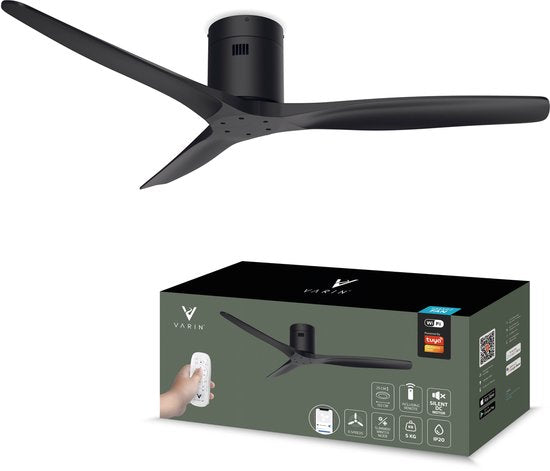 Varin® Smart Plafondventilator - Zwart - Tuya Wifi - Lange bladen - Ø 132cm - 6 snelheden - Super stil 20dB - Met afstandsbediening en gratis app - Ventilatorkachel - Ventilatoren plafond - Plafondventilator - Plafond ventilator slaapkamer