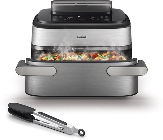 Philips Airfryer Megabasket Met Stoomfunctie 5000-serie – NA565/02 – PFAS vrij - Enkele mand óf Dubbele Mand - SteamClean – 9,5L – Tot 8 Personen – Inclusief Tang