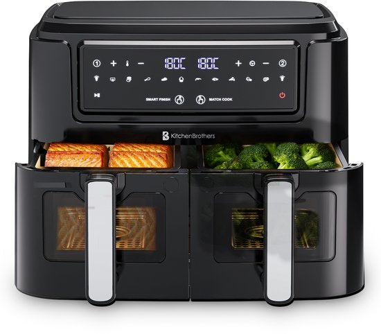 KitchenBrothers Dubbele Airfryer - PFAS-vrij - 2400W - Dual Zone - 9L - Heteluchtfriteuse - Airfryer XXL - 2 x 4.5L - 10 Kookprogramma's - Zwart