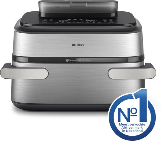 Philips Airfryer Megabasket Met Stoomfunctie 5000-serie – NA565/02 – PFAS vrij - Enkele mand óf Dubbele Mand - SteamClean – 9,5L – Tot 8 Personen – Inclusief Tang