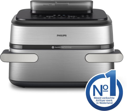 Philips Airfryer Megabasket Met Stoomfunctie 5000-serie – NA565/02 – PFAS vrij - Enkele mand óf Dubbele Mand - SteamClean – 9,5L – Tot 8 Personen – Inclusief Tang
