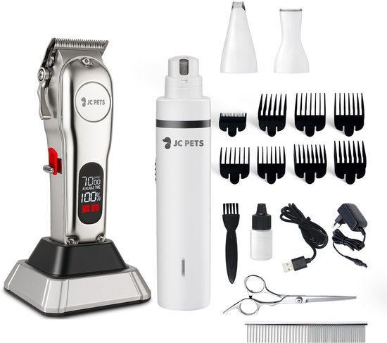 JC Pets Hondentondeuse & 3-in-1 Grooming Set – Draadloze Dieren Tondeuse voor Honden & Katten – RVS Hondentrimmer met Oplaadstation, Poottondeuse, Precisietondeuse & Elektrische Nagelslijper – Complete Trimset voor Alle Vachten