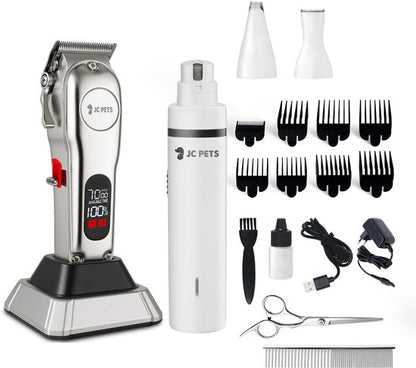 JC Pets Hondentondeuse & 3-in-1 Grooming Set – Draadloze Dieren Tondeuse voor Honden & Katten – RVS Hondentrimmer met Oplaadstation, Poottondeuse, Precisietondeuse & Elektrische Nagelslijper – Complete Trimset voor Alle Vachten