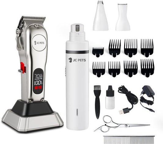 JC Pets Hondentondeuse & 3-in-1 Grooming Set – Draadloze Dieren Tondeuse voor Honden & Katten – RVS Hondentrimmer met Oplaadstation, Poottondeuse, Precisietondeuse & Elektrische Nagelslijper – Complete Trimset voor Alle Vachten