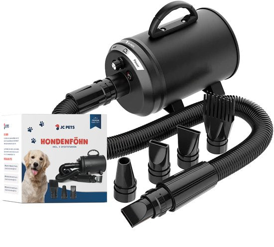 JC Pets Professionele Hondenfohn - Waterblazer voor Honden - Hondenblazer met geluiddemper - Haardroger Hond - Stil Model - Inclusief 4 Opzetstukken - 2800W