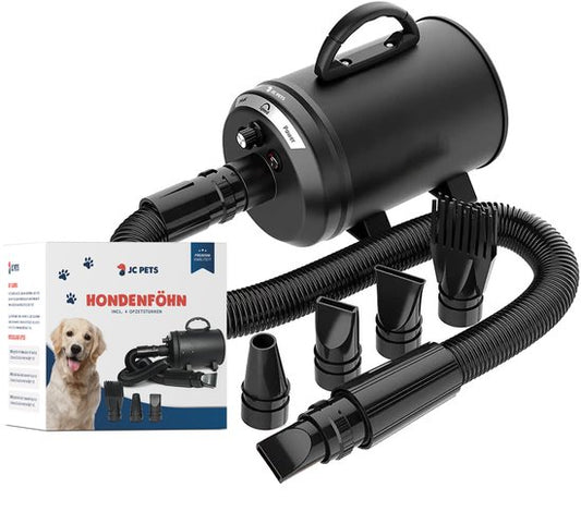 JC Pets Professionele Hondenfohn - Waterblazer voor Honden - Hondenblazer met geluiddemper - Haardroger Hond - Stil Model - Inclusief 4 Opzetstukken - 2800W