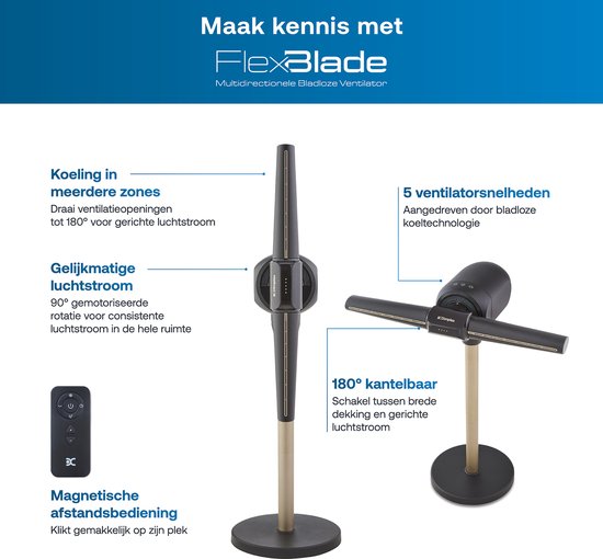 Dimplex FlexBlade Ventilator Bladloos – Oscillerende Tafelventilator - 180° Kantelbaar - 5 Snelheden & Timer - 20m Bereik – Waaier (36dB) - Magnetische Afstandsbediening