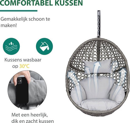 Hangstoel Sydney - Bruin / Grijs Wicker - Zwart Frame - Grijze kussens - Basketmaat 82*65*110CM-voor Buiten en Binnen