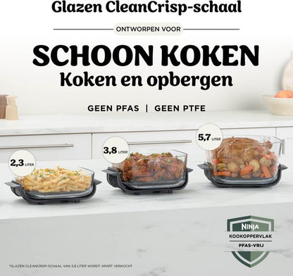 Ninja CRISPi PRO 7-in-1 Glazen Airfryer met 7 functies - Airfryen, Bakken, Braden, Rijzen, Drogen. Max Crisp en Opnieuw krokant maken - 2.3 liter en 5.7 liter glazen schaal - PFAS vrij koken - Stone - AS101EULG