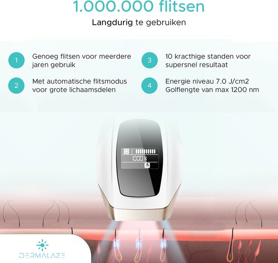 Dermalaze IPL Ontharingsapparaat – IPL Laser voor Permanente Haarverwijdering – Voor Mannen & Vrouwen – Pijnloos Thuisgebruik – Met LED Scherm –1.000.000 Flitsen – Scheermes – Beschermbril – 10 Standen – Ontharingsapparaten