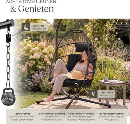 tectake® Luxe Hangstoel - Opvouwbare en draaibare Egg Chair met Standaard - Dikke Kussens - Antislipvoeten - Inclusief Beschermhoes - Ideaal voor Tuin, Terras en Slaapkamer - Zwart