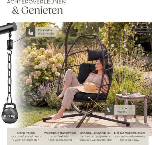 tectake® Luxe Hangstoel - Opvouwbare en draaibare Egg Chair met Standaard - Dikke Kussens - Antislipvoeten - Inclusief Beschermhoes - Ideaal voor Tuin, Terras en Slaapkamer - Zwart