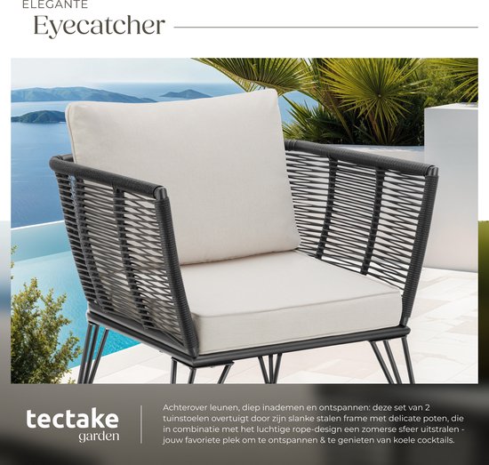 tectake® Loungestoelen Sundo - 2 Fauteuils voor Tuinset, Balkonset of Terras - Wicker Tuinstoelen Set in Rope-Design - Weerbestendig - Inclusief Kussens - Loungestoel Buiten - Loungeset Tuinmeubels