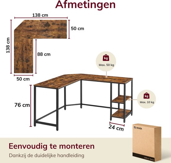 ACAZA Bureau - Hoekbureau - Vintage Bruin - 138 x 50 x 76 cm (L x B x H) - Bureautafel - Game Bureau - Bureau Gaming - Game Bureau