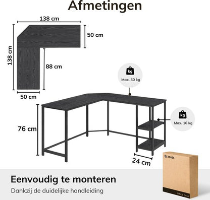 ACAZA Bureau - Hoekbureau - Zwart - 138 x 50 x 76 cm (L x B x H) - Bureautafel - Game Bureau - Bureau Gaming - Game Bureau