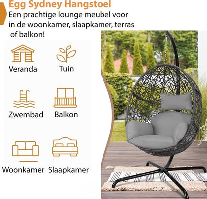 Hangstoel Sydney - Bruin / Grijs Wicker - Zwart Frame - Grijze kussens - Basketmaat 82*65*110CM-voor Buiten en Binnen