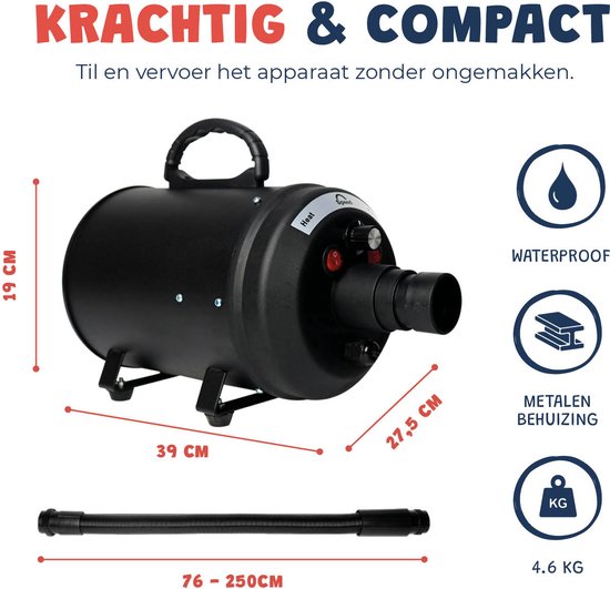 JC Pets Professionele Hondenfohn - Waterblazer voor Honden - Hondenblazer met geluiddemper - Haardroger Hond - Stil Model - Inclusief 4 Opzetstukken - 2800W