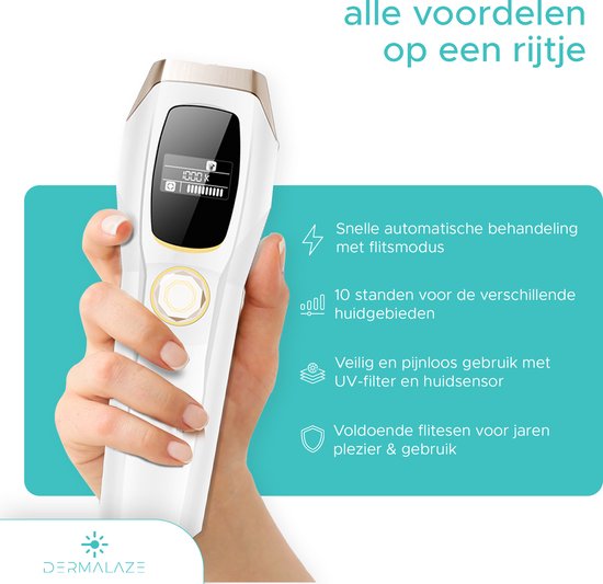 Dermalaze IPL Ontharingsapparaat – IPL Laser voor Permanente Haarverwijdering – Voor Mannen & Vrouwen – Pijnloos Thuisgebruik – Met LED Scherm –1.000.000 Flitsen – Scheermes – Beschermbril – 10 Standen – Ontharingsapparaten