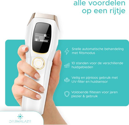 Dermalaze IPL Ontharingsapparaat – IPL Laser voor Permanente Haarverwijdering – Voor Mannen & Vrouwen – Pijnloos Thuisgebruik – Met LED Scherm –1.000.000 Flitsen – Scheermes – Beschermbril – 10 Standen – Ontharingsapparaten