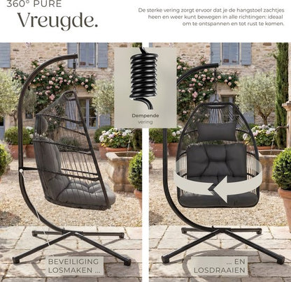 tectake® Luxe Hangstoel - Opvouwbare en draaibare Egg Chair met Standaard - Dikke Kussens - Antislipvoeten - Inclusief Beschermhoes - Ideaal voor Tuin, Terras en Slaapkamer - Donkergrijs
