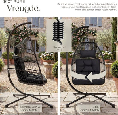tectake® Luxe Hangstoel - Opvouwbare en draaibare Egg Chair met Standaard - Dikke Kussens - Antislipvoeten - Inclusief Beschermhoes - Ideaal voor Tuin, Terras en Slaapkamer - Zwart