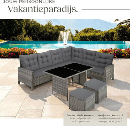 tectake® Loungeset Barletta - 6 tot 8 Personen - Modulaire Tuinset met Loungebank, Kruk en Tuintafel - Tuinmeubels - Balkonmeubel - 5-delige Zitgroep - Inclusief Kussens - Ideaal voor Tuin, Terras en Balkon - Beige met Grijze Kussens