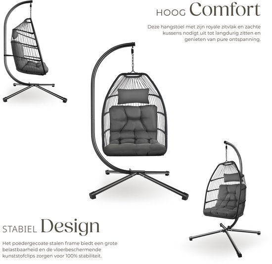 tectake® Luxe Hangstoel - Opvouwbare en draaibare Egg Chair met Standaard - Dikke Kussens - Antislipvoeten - Inclusief Beschermhoes - Ideaal voor Tuin, Terras en Slaapkamer - Donkergrijs