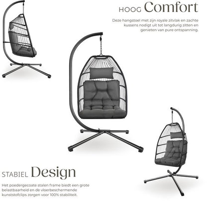 tectake® Luxe Hangstoel - Opvouwbare en draaibare Egg Chair met Standaard - Dikke Kussens - Antislipvoeten - Inclusief Beschermhoes - Ideaal voor Tuin, Terras en Slaapkamer - Donkergrijs